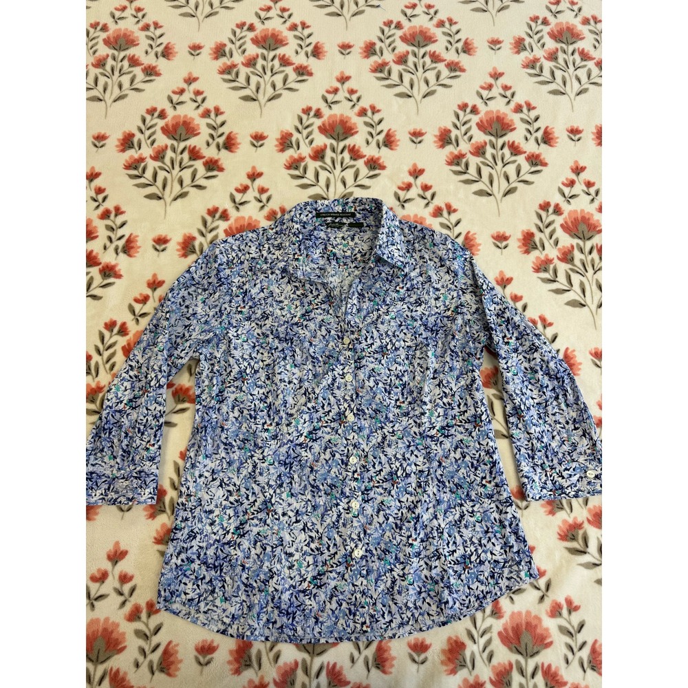 Eddie Bauer Womens Blue Abstract Floral Stretch Wrinkle Resistant Shirt Large